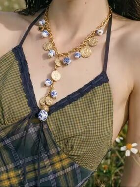 Gold Chain Necklace with Blue & White Porcelain Beads and Coin Charms